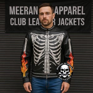 May include: Black leather jacket with a white skeleton design on the front and sleeves, and orange and yellow flames on the sleeves. The jacket has a zip closure and a round patch with a skull and crossbones.
