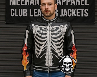 Skeleton Skull Leather Biker Jacket: Halloween Costume, Meeran Jee Apparel