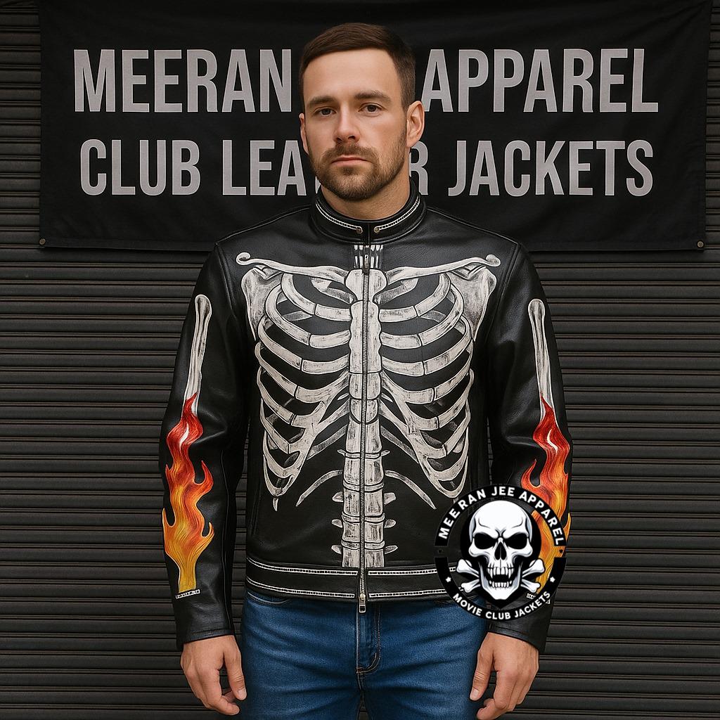 Skeleton Skull Leather Biker Jacket: Halloween Costume, Meeran Jee