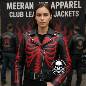May include: Black leather jacket with a red skeleton rib cage design. The jacket has a zipper closure, a belt, and the text "MEERAN JEE APPAREL JACKETS". The jacket is part of a movie club collection.