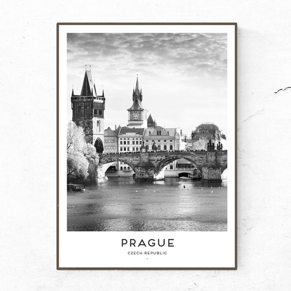 Affiche de Prague / Imprimer / Impression de voyage en République tchèque / Affiche de voyage / Impression de mode / Décor minimal / Affiche noire blanche / Pont Charles