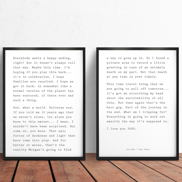 Set of 2 Marvel / Iron Man's Final Speech / The Avengers Endgame Quote Prints / Marvel Quotes / Marvel Gifts / I love you 3000 / Tony Stark