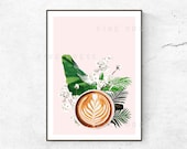 Latte Art Poster Print Fashion Poster Latte Wall Art Kitchen Poster Coffee Print Caffeine Poster Floral Art Pastel Pink