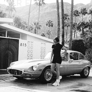 Black and White Fashion Photography / Black White Model / Palm Springs / Palm Tree Print / Beach Poster / Tropical Wall Art /Retro Car Print image 4