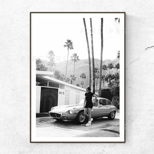 Black and White Fashion Photography / Black White Model / Palm Springs / Palm Tree Print / Beach Poster / Tropical Wall Art /Retro Car Print image 1