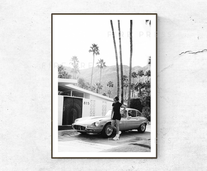 Black and White Fashion Photography / Black White Model / Palm Springs / Palm Tree Print / Beach Poster / Tropical Wall Art /Retro Car Print image 1