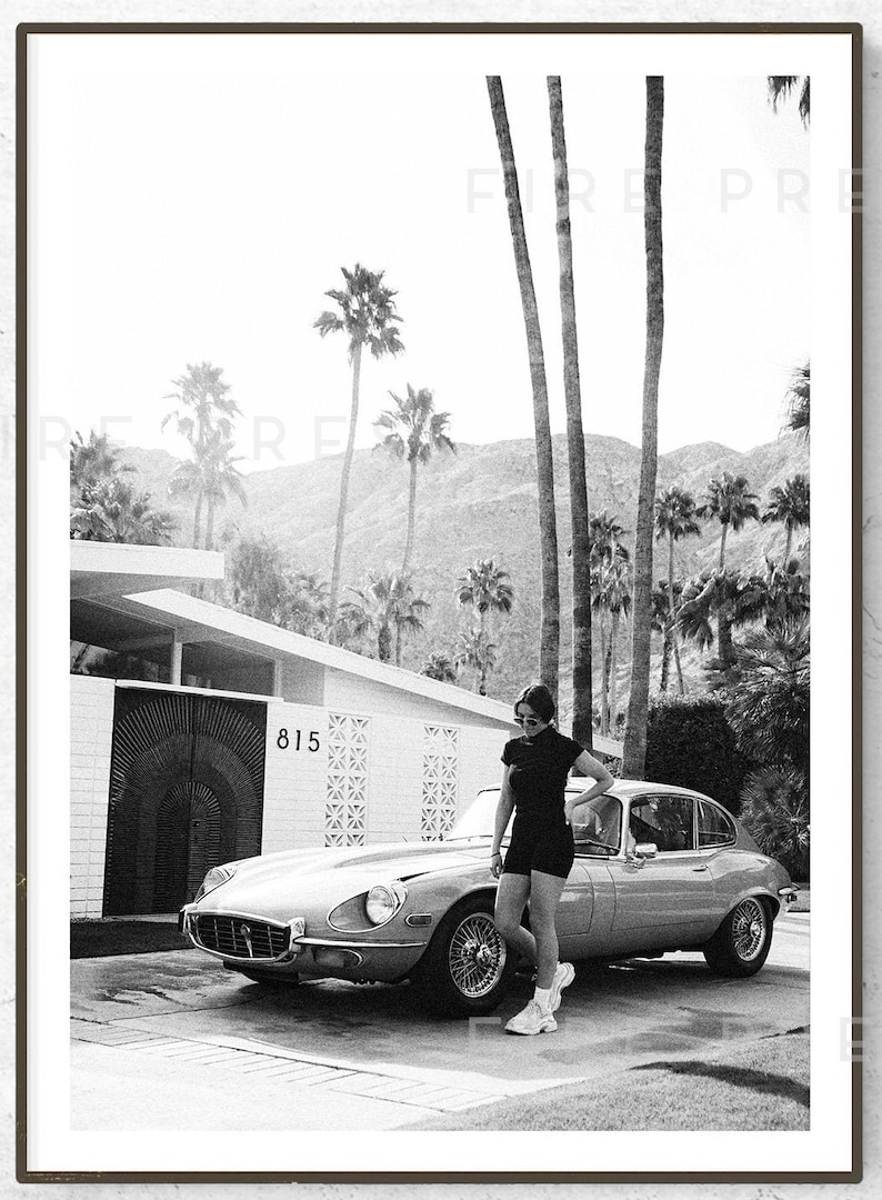Black and White Fashion Photography / Black White Model / Palm Springs / Palm Tree Print / Beach Poster / Tropical Wall Art /Retro Car Print image 2