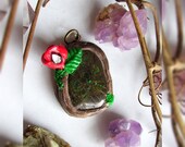 Ammolite Polymer Clay Pendant with Garnet Accent