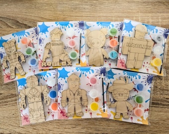 Roblox Inspired Paintable Party Favor ze stojakiem, Drewniane prezenty na imprezę, Drewniany zestaw do kolorowania DIY dla dzieci, Aktywność na imprezę, Zestaw farb DIY