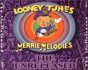 May include: A purple background with a yellow, orange, and purple circle with a cartoon character of Bugs Bunny dressed as a police officer. The text "LOONEY TUNES" is in yellow letters above the circle and the text "MERRIE MELODIES" is in yellow letters below the circle. The text "THE UNRELEASED" is in white letters below the circle.