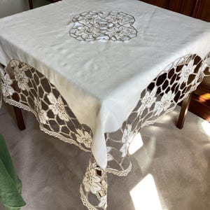 Vintage French Emroidered Tablecloth with Richelieu Cutwork