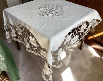 Vintage French Emroidered Tablecloth with Richelieu Cutwork