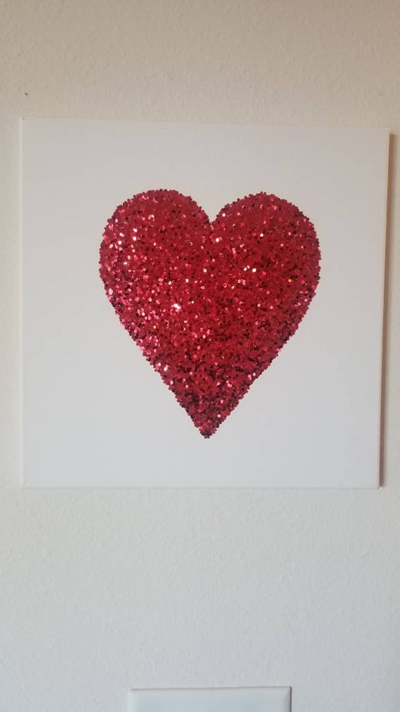 Red Heart Sequins Glitter Bling Wall Art Canvas 14x14 Paintings Art