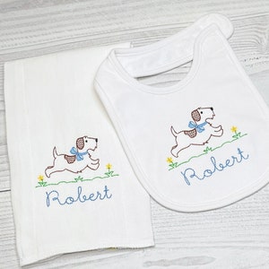 Baby Boy Personalized Bib and Burp Set, Personalized Embroidery, Running Dog Bib, Baby Shower Gift