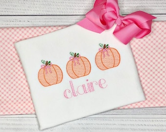 Girls Fall  Pumpkin shirt with pink bows-Personalized Pumpkin Fall shirt-Toddler Fall Shirt-Thanksgiving outfit