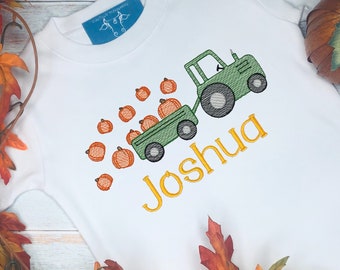 Personalized Boys Shirt- Tractor with Pumpkins -Thanksgiving Shirt-Pumpkin Patch Shirt- Personalized Fall Shirt Embroidered-Toddler T-shirt