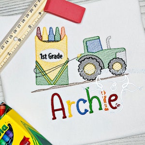 Boys Back to school Embroidered shirt- Personalized Back to School Shirt-First Day of School Shirt -Tractor and Crayons Shirt