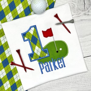 Boys 1st Birthday Hole in One golf outfit-1st Birthday golf shirt-Golf themed Birthday Shirt/Personalized Golf Birthday Applique