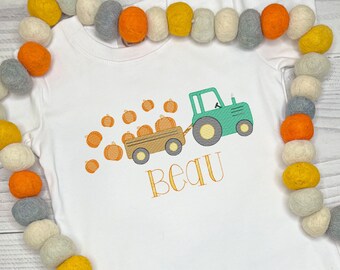 Personalized Boys Shirt- Tractor with Pumpkins -Thanksgiving Shirt-Pumpkin Patch Shirt- Personalized Fall Shirt Embroidered-Toddler T-shirt