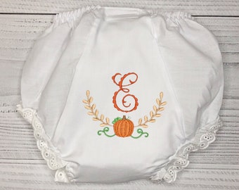Monogrammed Infant Diaper Cover personalized with fall design/Pumpkin embroidered Baby Bloomers- Fall Diaper Cover eyelet trimmed