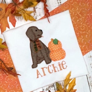 May include: White t-shirt featuring an embroidered brown dog wearing a scarf, with an orange polka-dot pumpkin. The name "Archie" is embroidered below the dog and pumpkin. Autumn leaves and orange fabric surround the shirt.