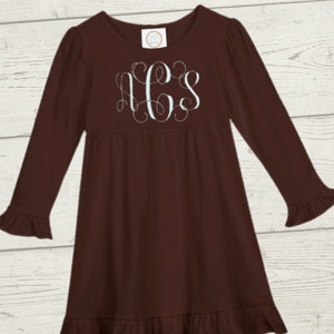 Monogrammed Long Sleeve Dress with Ruffles at sleeve and hem, Embroidered, Personalized, Girls and Toddlers