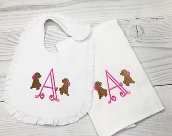 Baby Girl Personalized Bib and Burp Cloth- Personalized Bib with puppy for Girls-Personalized Baby Gift-Baby Shower Gift