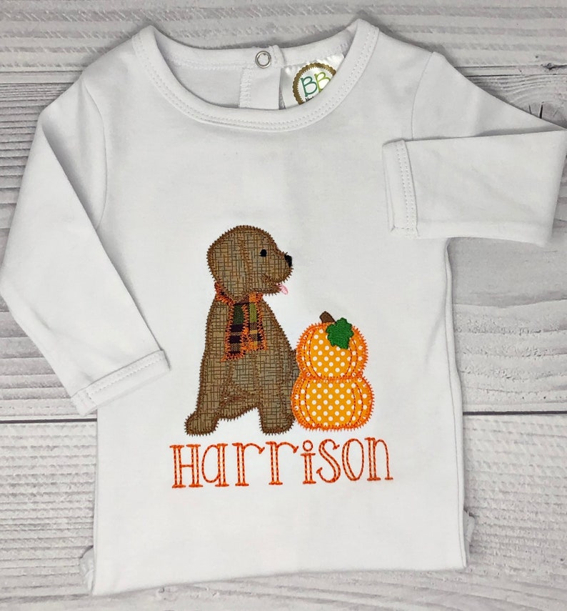 May include: White long-sleeved baby shirt with an embroidered design. The design features a brown dog wearing a plaid scarf next to an orange pumpkin with white polka dots. The name "Harrison" is embroidered in orange.