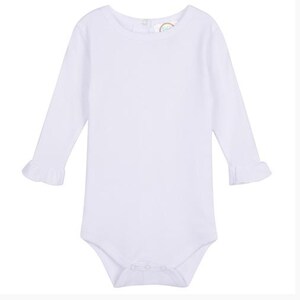 May include: White long-sleeve baby bodysuit with ruffled sleeves.