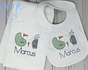 Baby gift Golf Themed Bib and Burp set- Personalized-Embroidered