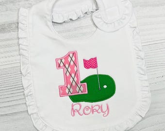 Babero con temática de golf para el primer cumpleaños de niñas, primer cumpleaños de bebés, fiesta de hoyo en uno