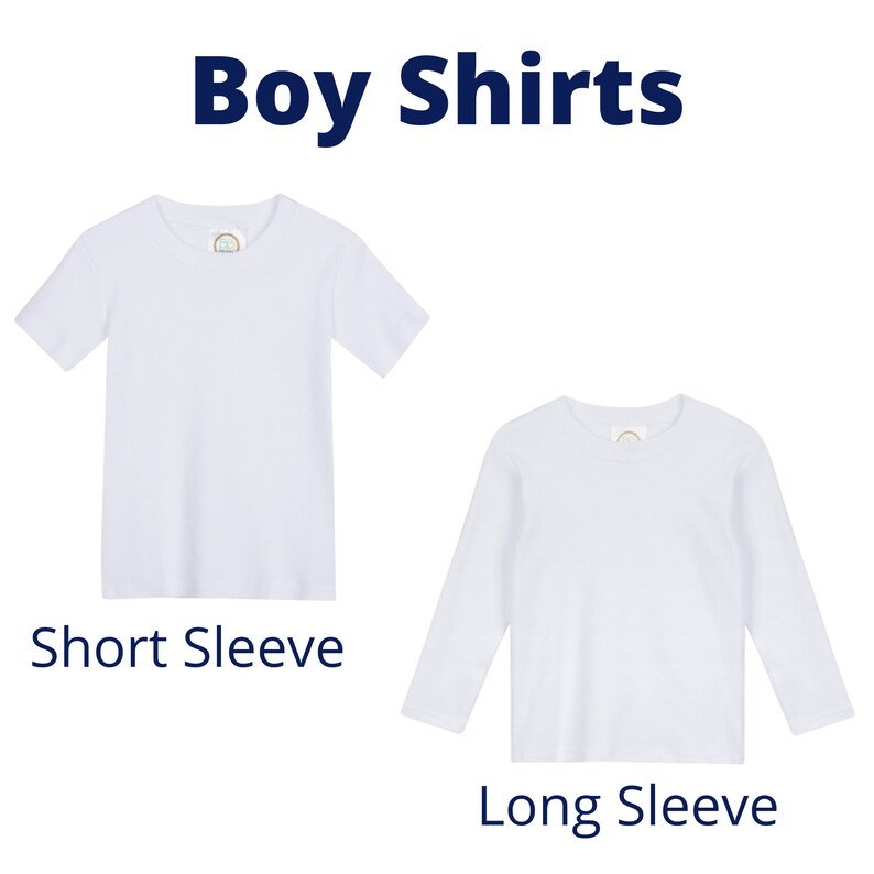 May include: Two white shirts, one short-sleeved and one long-sleeved, are displayed against a white background. The text "Boy Shirts" is at the top, and "Short Sleeve" and "Long Sleeve" are below the shirts.