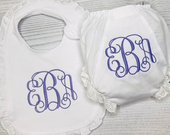 Baby Girl Bloomers and Bib monogrammed newborn gift set- Personalized baby girl gift- Diaper cover and Bib Personalized