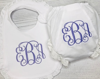 Baby Girl Bloomers and Bib monogrammed newborn gift set- Personalized baby girl gift- Diaper cover and Bib Personalized