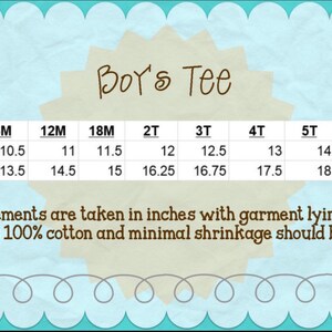 May include: A chart titled "Boy's Tee" with chest width and length measurements in inches for sizes 6M to 8. The text states measurements are taken with the garment lying flat and made of 100% cotton.