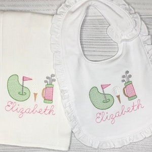 Baby Girl gift Golf Themed Bib and Burp set- Personalized-Embroidered
