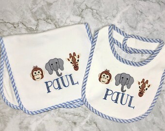 Baby Bib and Burp Gift Set-Zoo Animal Themed Bib and Burp Set- Personalized- Embroidered-Baby Boy Gift Set- Baby Shower gift