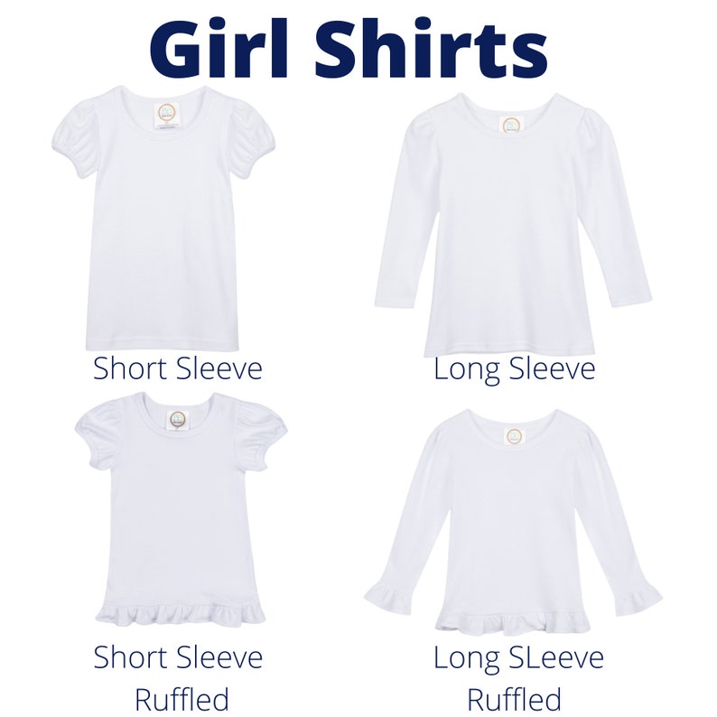 May include: White girl shirts with short and long sleeves, some with ruffled hems. The image includes the text "Girl Shirts" in navy blue at the top, and labels for each shirt style: "Short Sleeve", "Long Sleeve", "Short Sleeve Ruffled", and "Long Sleeve Ruffled".