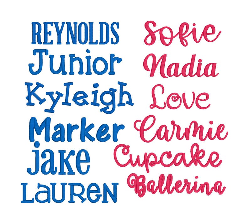 May include: A collection of embroidered names in blue and pink. The names are: Reynolds, Junior, Kyleigh, Marker, Jake, Lauren, Sofie, Nadia, Love, Carmie, Cupcake, Ballerina.