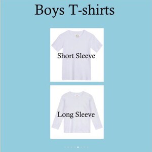 Pu&ograve; includere: L'immagine mostra due magliette bianche per ragazzi. La maglietta superiore &egrave; a maniche corte, mentre quella inferiore &egrave; a maniche lunghe. Il testo "Boys T-shirts" &egrave; nella parte superiore dell'immagine, con le parole "Short Sleeve" e "Long Sleeve" che etichettano ogni maglietta.