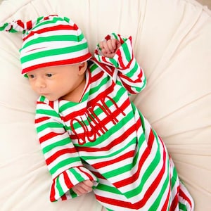 Newborn Christmas coming home outfit, red and green striped baby gown, Baby Christmas gown, matching family outfits