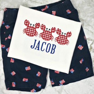 Boys Summer Shirt Embroidered with trio of Crabs-Crab Beach Shirt-Toddler Summer Shirt-Personalized-Red Check Crab shirt