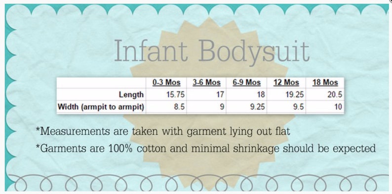 Puede incluir: Un gr&aacute;fico que muestra las medidas en pulgadas de un body para beb&eacute; para diferentes edades: 0-3 meses, 3-6 meses, 6-9 meses, 12 meses y 18 meses. El gr&aacute;fico muestra la longitud y el ancho (de axila a axila) del body para cada edad.