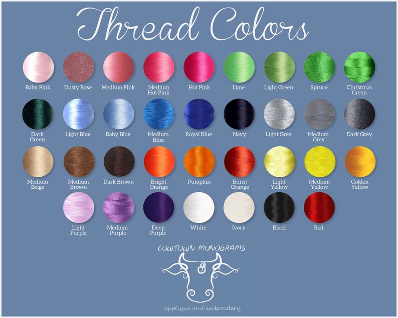 May include: A chart of thread colors with names for each color. The colors are arranged in rows and columns. The colors include baby pink, dusty rose, medium pink, medium hot pink, hot pink, lime, light green, spruce, Christmas green, dark green, light blue, baby blue, medium blue, royal blue, navy, light grey, medium grey, dark grey, medium beige, medium brown, dark brown, bright orange, pumpkin, burnt orange, light yellow, medium yellow, golden yellow, light purple, medium purple, deep purple, white, ivory, black, and red.