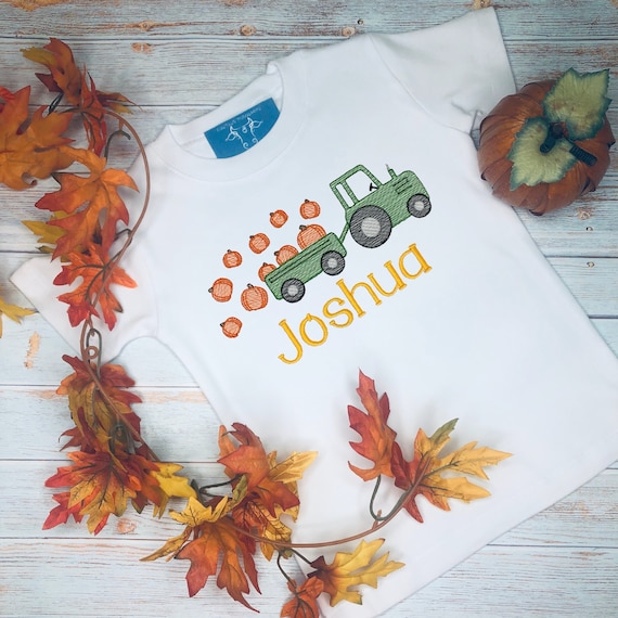 Personalized Boys Shirt- Tractor with Pumpkins -Thanksgiving Shirt-Pumpkin Patch Shirt- Personalized Fall Shirt Embroidered-Toddler T-shirt