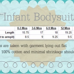 K&ouml;nnte beinhalten: Gr&ouml;&szlig;entabelle f&uuml;r Baby-Bodysuits mit Ma&szlig;en in cm. Die Tabelle enth&auml;lt L&auml;nge und Breite (Achsel zu Achsel) f&uuml;r die Gr&ouml;&szlig;en 0-3 Monate bis 18 Monate. Der Text gibt an, dass die Kleidungsst&uuml;cke aus 100 % Baumwolle bestehen.