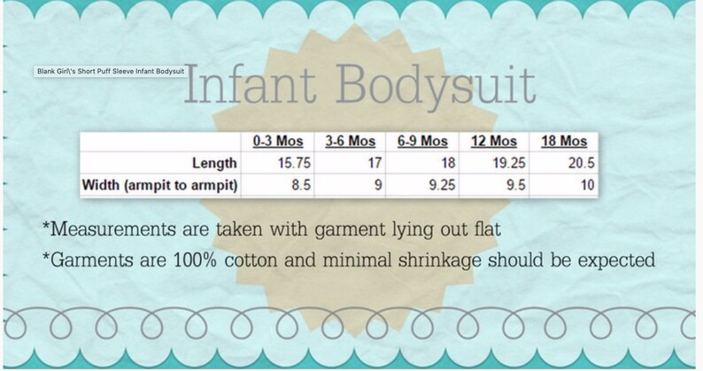 K&ouml;nnte beinhalten: Gr&ouml;&szlig;entabelle f&uuml;r Baby-Bodysuits mit Ma&szlig;en in cm. Die Tabelle enth&auml;lt L&auml;nge und Breite (Achsel zu Achsel) f&uuml;r die Gr&ouml;&szlig;en 0-3 Monate bis 18 Monate. Der Text gibt an, dass die Kleidungsst&uuml;cke aus 100 % Baumwolle bestehen.