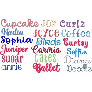 May include: A colorful image with a variety of names written in different fonts and colors. The names include Cupcake, Joy, Curlz, Nadia, Joyce, Coffee, Sophia, Birds, Curtsy, Juniper, Carmia, Soffie, Sugar, Cakes, Diana, Annie, Ballet, and Doodle.