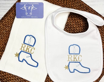 Baby gift Cowboy Themed Bib and Burp set- Personalized-Embroidered