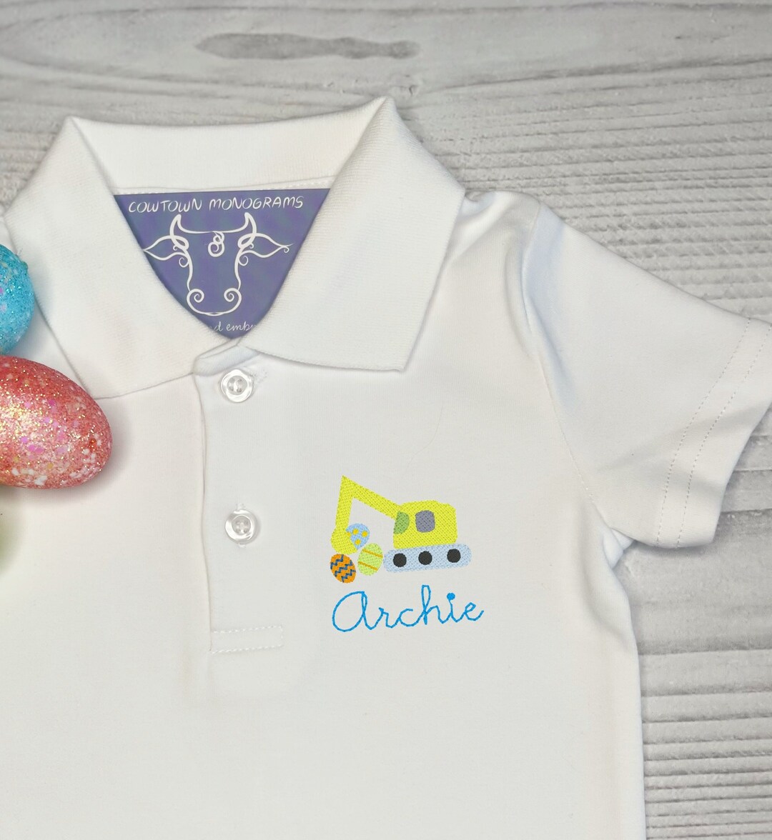 Boys Easter Polo Shirt With Excavator and Easter Eggs. Boys Easter Polo